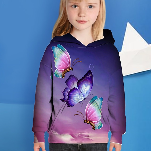  Kids Girls' Hoodie Long Sleeve Butterfly 3D Print Purple Children Tops Active Fall Regular Fit 4-12 Years