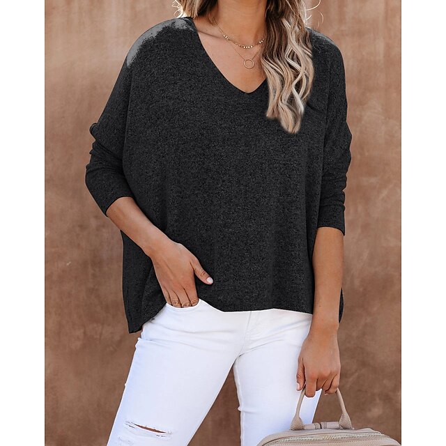  Women's Pullover Solid Color Oversized Knitted Stylish Long Sleeve Sweater Cardigans Fall Winter V Neck Khaki Light gray Black