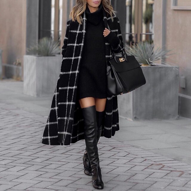  Women's Winter Coat Long Overcoat Belted Lapel Pea Coat Long Coat Plaid Thermal Warm Windproof Trench Coat with Pockets Fall Oversized Outerwear Black