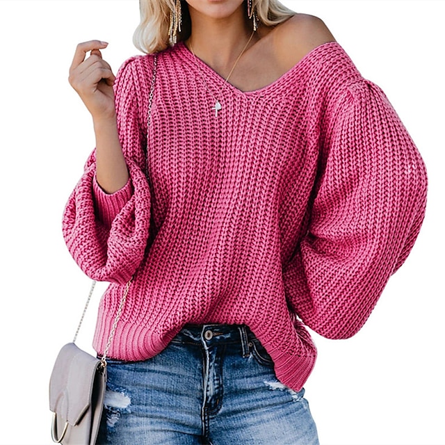  Women's Sweater Pullover Solid Color Classic Style Basic Casual Long Sleeve Loose Sweater Cardigans Fall Spring V Neck Black Grey Rose Red / Holiday