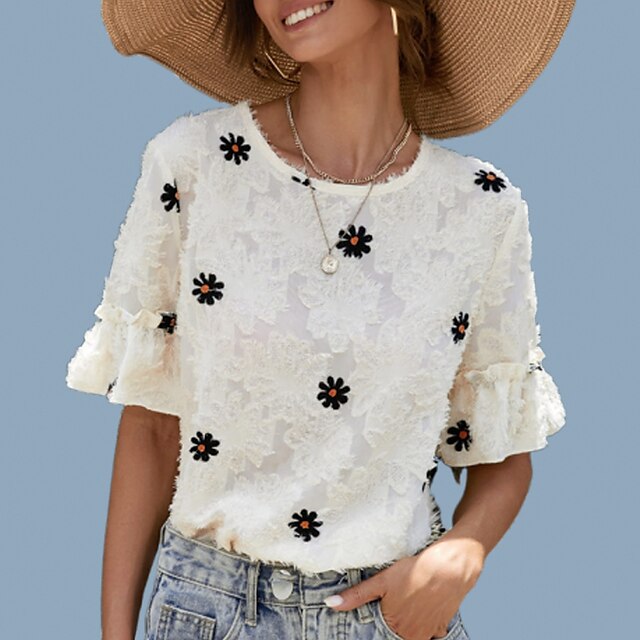  Women's Blouse Shirt Flower Round Neck Embroidered Print Basic Elegant Streetwear Tops 100% Cotton White