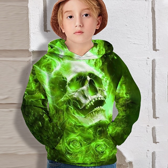  Kids Boys' Hoodie Long Sleeve Skull 3D Print Green Children Tops Active Fall Regular Fit 4-12 Years