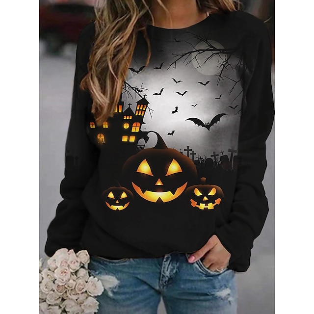  Dame 3D Grafiske tryk Græskar Sweatshirt bluse Trykt mønster 3D-udskrivning Halloween Sport Aktiv Gade Hættetrøjer Sweatshirts Sort