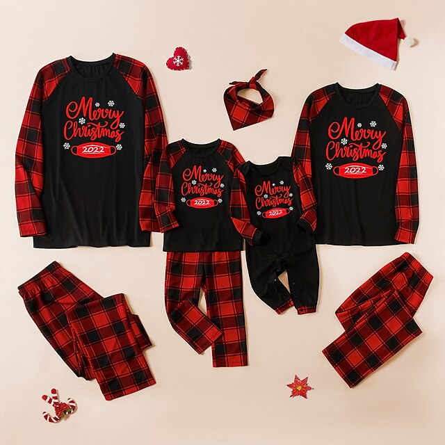  Christmas Pajamas Family Look Christmas Gifts Plaid Letter Patchwork Black Gray Long Sleeve Adorable Matching Outfits / Fall / Print