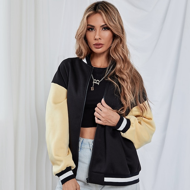  Women's Jacket Fall Winter Sport Daily Regular Coat Round Neck Zipper Adjustable Slim Sporty Casual Jacket Long Sleeve Patchwork Solid Color Black / Without Lining