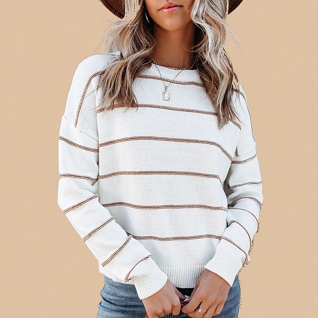  Women's Pullover Striped Color Block Oversized Knitted Stylish Long Sleeve Sweater Cardigans Fall Winter Crew Neck White Black