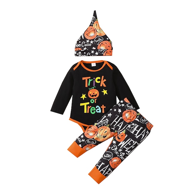  3 Pieces Baby Boys' Casual Daily Cool Cotton Halloween Print Letter Pumpkin Print Regular Long Sleeve Clothing Set Black / Fall / Winter