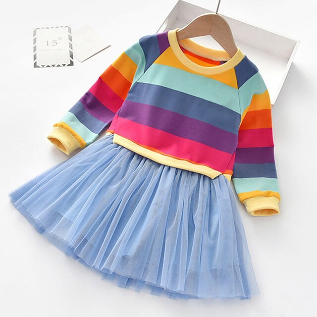  Kids Toddler Little Girls' Dress Rainbow colour Daily Holiday Tulle Dress Mesh Blue Blushing Pink Above Knee Cotton Long Sleeve Beautiful Cute Dresses Fall Spring Loose 3-12 Years