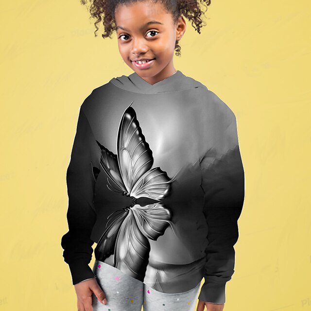  Kids Girls' Hoodie Long Sleeve Butterfly 3D Print Gray Children Tops Active Fall Regular Fit 4-12 Years