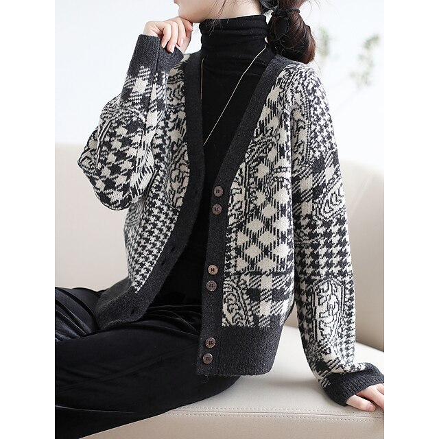  Women's Cardigan Sweater Print Modern Style Casual Long Sleeve Sweater Cardigans Fall Winter Round Neck Grey Black Brown