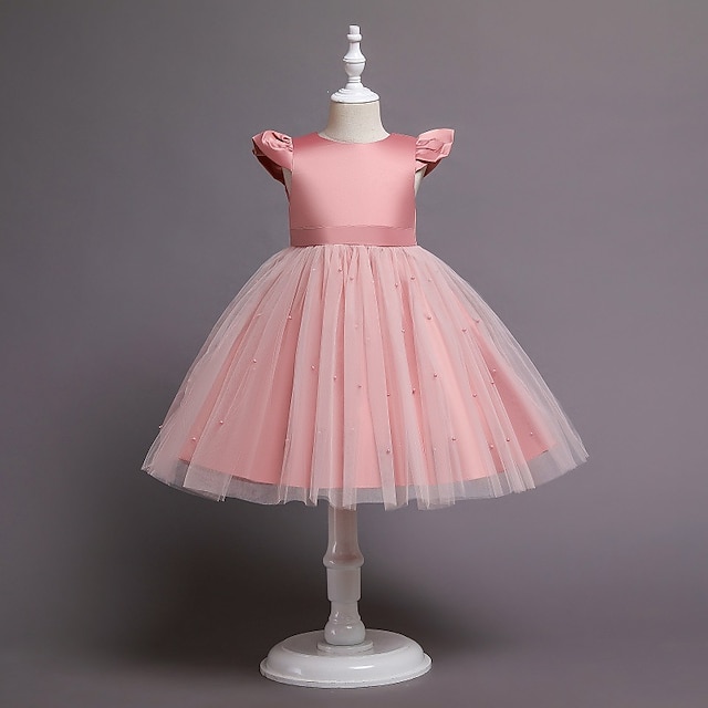  Toddler Little Girls' Dress Solid Colored A Line Dress Mesh Blushing Pink Knee-length Short Sleeve Elegant Princess Dresses Fall Regular Fit 1-5 Years