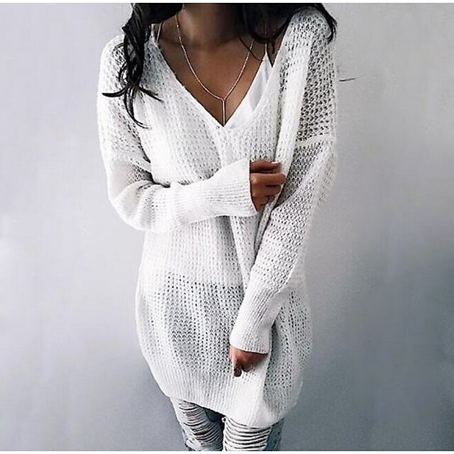  Women's Pullover Sweater Pullover Jumper Crochet Knit Knitted V Neck Solid Color Daily Casual Chunky Fall Spring White Black S M L / Long Sleeve / Regular Fit