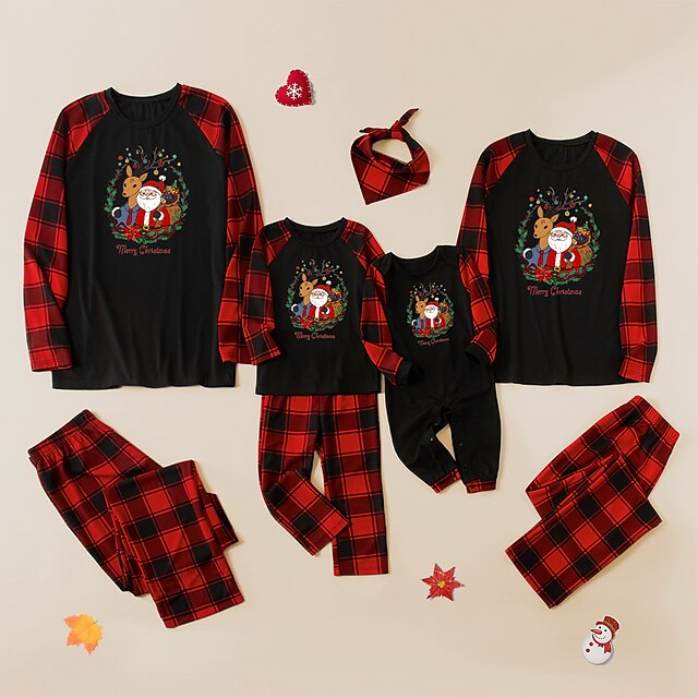  Christmas Pajamas Family Look Christmas Gifts Plaid Deer Santa Claus Patchwork Black Gray White Long Sleeve Daily Matching Outfits / Fall / Print
