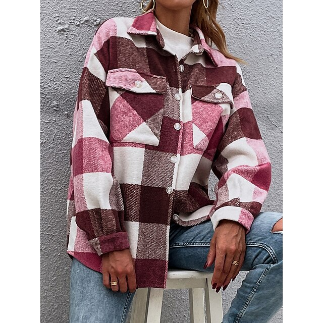  Women's Jacket Fall Winter Daily Work Regular Coat Turndown Single Breasted Warm Slim Casual Jacket Long Sleeve Patchwork Plaid / Check Dusty Rose