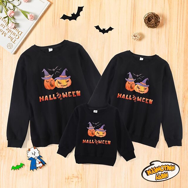  Family Look Halloween Cotton Tops Sweatshirt Athleisure Pumpkin Bat Letter Print White Black Red Long Sleeve Basic Matching Outfits / Fall / Spring / Cute