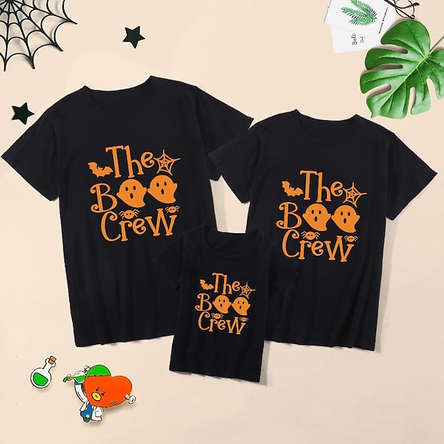  Family Look Halloween Cotton Tops Athleisure Cartoon Ghost Print Black Short Sleeve Basic Matching Outfits / Summer / Cute