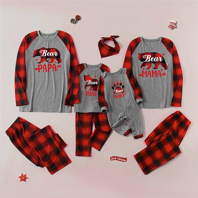 Christmas Pajamas Family Look Christmas Gifts Plaid Bear Letter Patchwork Gray Long Sleeve Daily Matching Outfits / Fall / Cute / Print