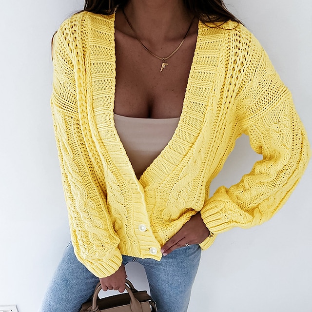  Women's Cardigan Sweater Solid Color Textured Classic Style Button Active Casual Long Sleeve Sweater Cardigans Fall Winter Deep V Purple Yellow Grey