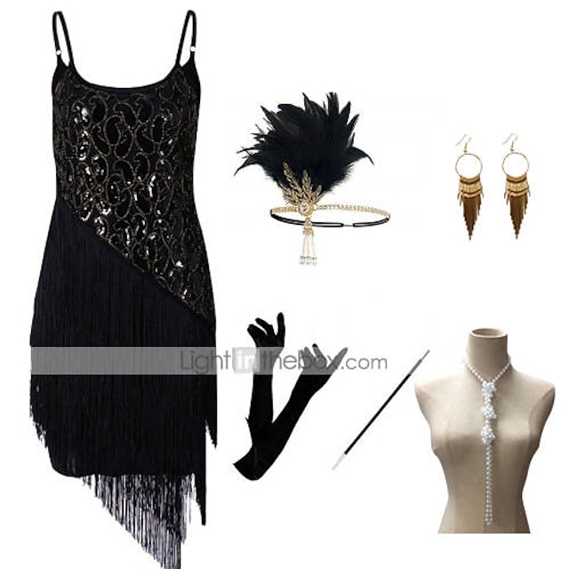  The Great Gatsby Roaring 20s 1920s Cocktail Dress Vintage Dress Flapper Dress Outfits Masquerade Prom Dress Women's Tassel Fringe Costume Golden / Black Vintage Cosplay Party Prom / Gloves / Headwear