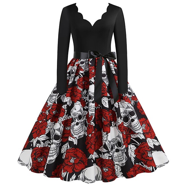  Pumpkin Audrey Hepburn Dress Swing Dress Women's Adults' Festival Vintage Christmas New Year Festival / Holiday Terylene Red+Black / Yellow / Ink Blue Women's Easy Carnival Costumes Skull Printing