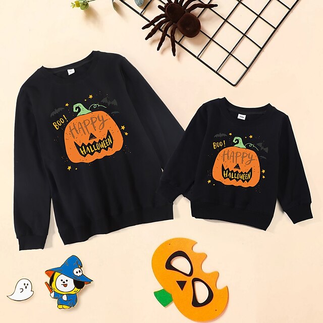  Mommy and Me Halloween Cotton Tops Sweatshirt Athleisure Pumpkin Bat Letter Print White Black Red Long Sleeve Basic Matching Outfits / Fall / Spring / Cute