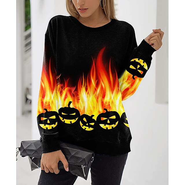  Dame Græskar Flamme Sweatshirt bluse Trykt mønster 3D-udskrivning Halloween Sport Aktiv Gade Hættetrøjer Sweatshirts Sort