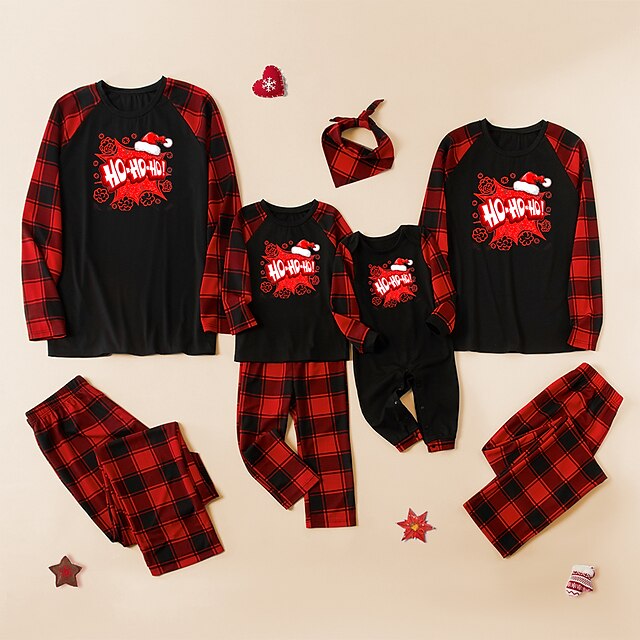  Christmas Pajamas Family Look Christmas Gifts Plaid Letter Patchwork Black White Long Sleeve Daily Matching Outfits / Fall / Print