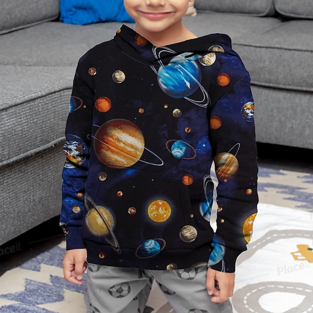 Boys 3D Galaxy Space Hoodie Long Sleeve 3D Print Fall Active Polyester Kids 4-12 Years Regular Fit