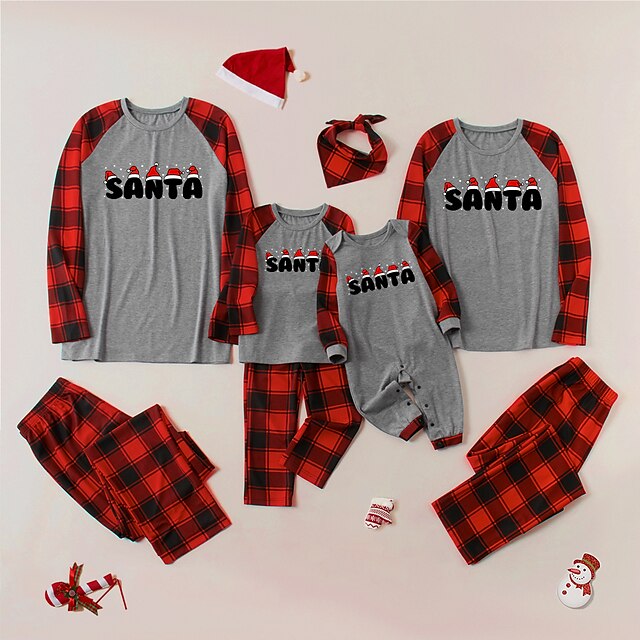  Christmas Pajamas Family Look Christmas Gifts Plaid Letter Patchwork Gray Long Sleeve Daily Matching Outfits / Fall / Print