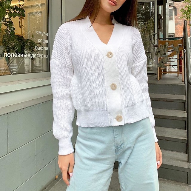  Women's Cardigan Solid Color Classic Style Classical Casual Long Sleeve Sweater Cardigans Fall Winter V Neck Dark powder Blue Camel / Holiday