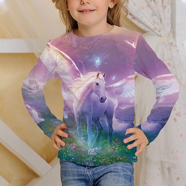  Infantil Para Meninas Camisa Manga Longa Impressão 3D Unicórnio Cavalo Rosa Crianças Blusas Outono Activo Normal 4-12 anos