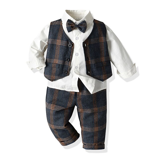  Boys 3D Plaid Suit & Blazer Suit Vest Clothing Set Long Sleeve Fall Cool Gentle Cotton Kids 3-6 Years School Home Casual Regular Fit