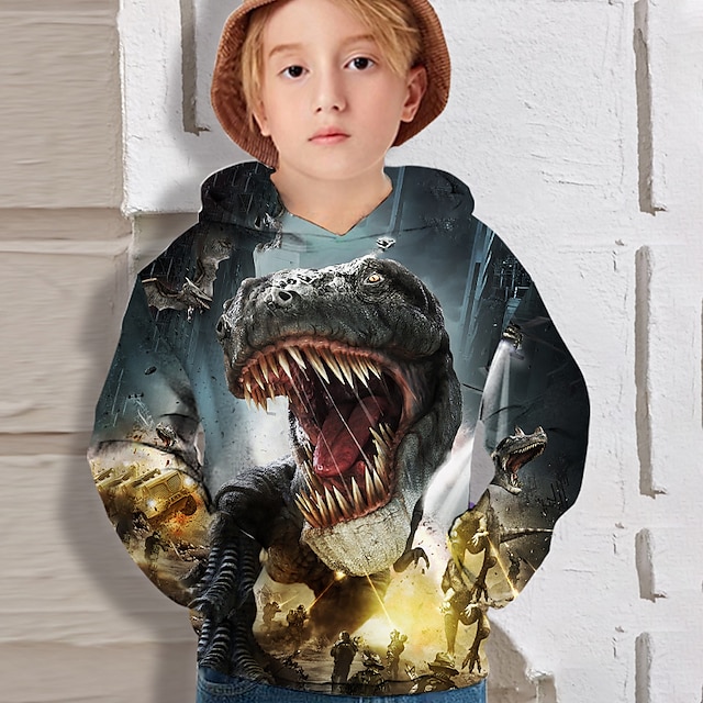  Gutt 3D Dinosaur Hattetrøje Langermet 3D-utskrift Høst Aktiv Polyester Barn 4-12 år Normal