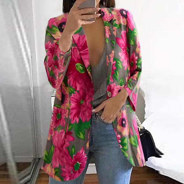  Women's Blazer Fall Street Daily Valentine's Day Regular Coat Breathable Regular Fit Casual Jacket Long Sleeve Print Floral Black Fuchsia Red