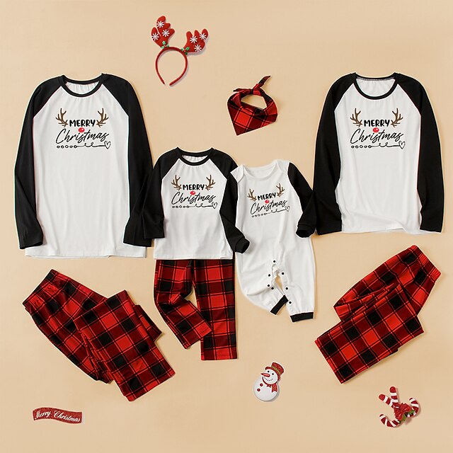  Christmas Pajamas Family Look Christmas Gifts Plaid Deer Letter Patchwork Black Red Long Sleeve Daily Matching Outfits / Fall / Winter / Cute / Print