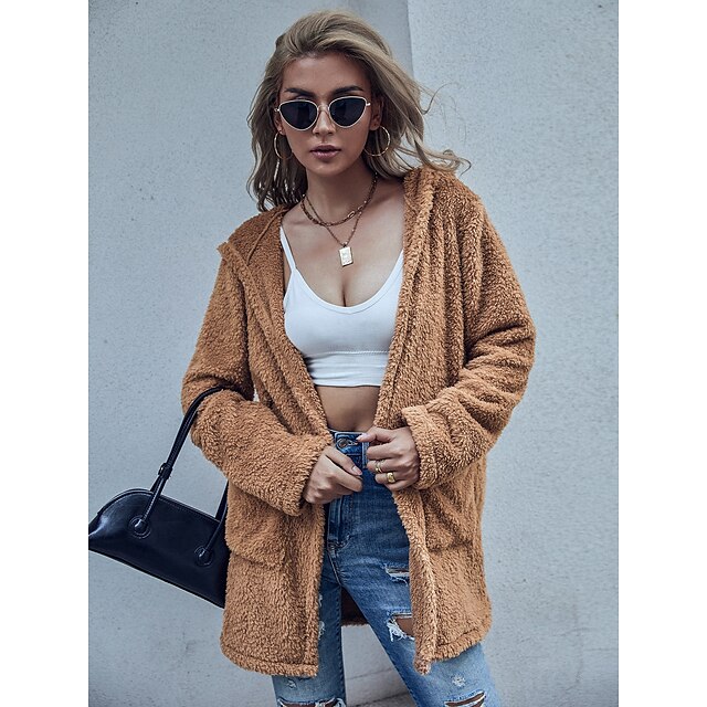 Women's Coat Patchwork Long Coat Apricot Daily Sporty Open Front Fall Hoodie Slim S M L XL / Warm / Solid Color