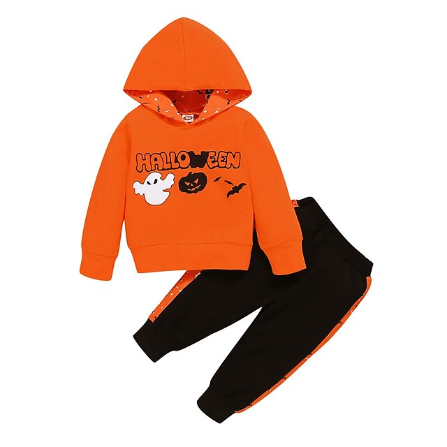  2 Pieces Baby Boys' Fashion Casual Daily Cotton Halloween Letter Print Regular Long Sleeve Hoodie & Pants Clothing Set Orange / Fall / Winter