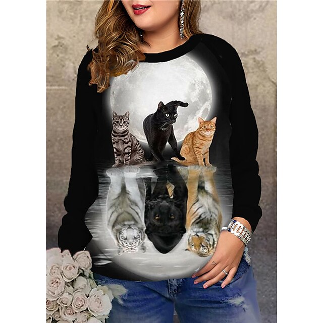  Women's Plus Size Tops Pullover Sweatshirt Cat Graphic Long Sleeve Print Hoodie Streetwear Crewneck Spandex Daily Going out Fall Winter White Black