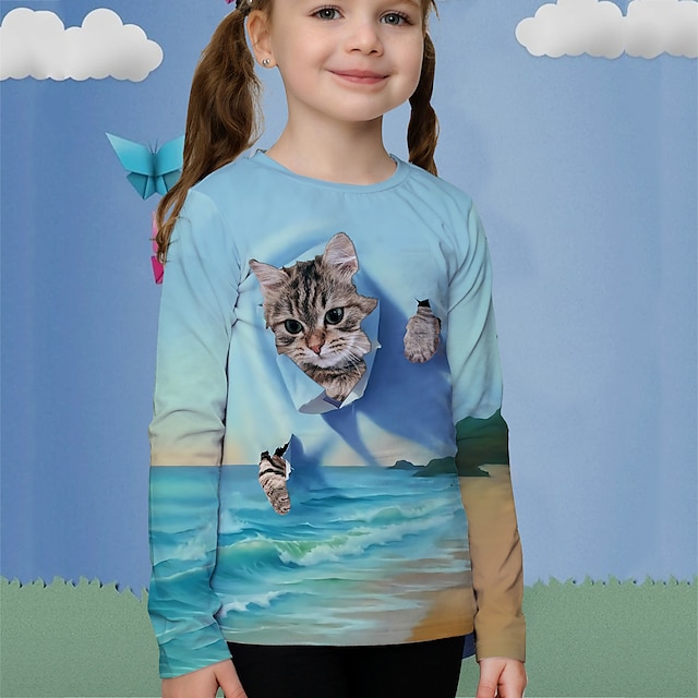  T-shirt Fille Enfants Manches Longues Chat Animal 3D effet Bleu clair Enfants Hauts Actif L'autume Standard 4-12 ans