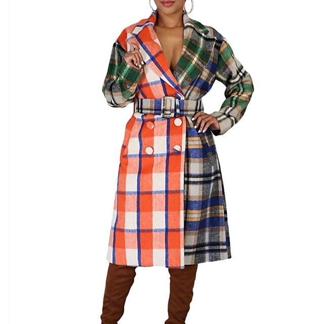  Women's Trench Coat Fall Winter Daily Long Coat V Neck Single Breasted Two-button Warm Regular Fit Casual Jacket Long Sleeve Print Plaid / Check Color Block Orange