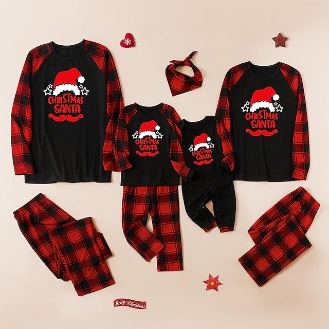 Christmas Pajamas Family Look Christmas Gifts Plaid Star Letter Patchwork Black Gray Long Sleeve Daily Matching Outfits / Fall / Cute / Print