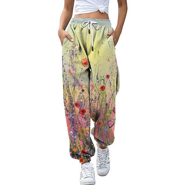  Women's Fashion Athleisure Elastic Drawstring Design Print Pants Sweatpants Full Length Pants Micro-elastic Casual Daily Leaf Flower / Floral Mid Waist Breathable Sports Loose Rainbow S M L XL XXL