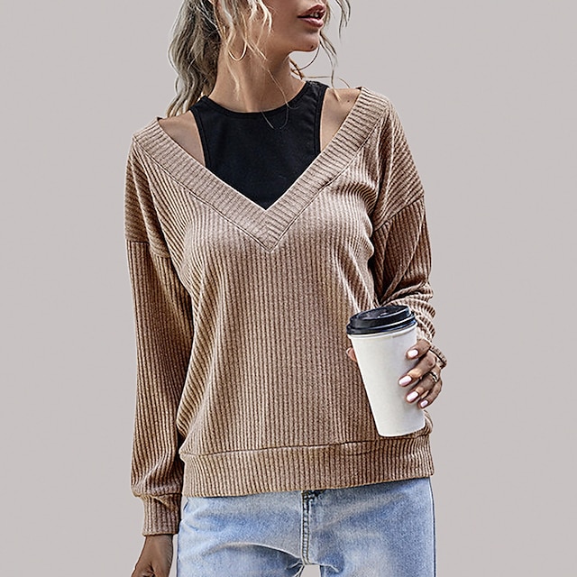  Women's Pullover Solid Color Long Sleeve Sweater Cardigans Fall Winter V Neck Khaki Light gray