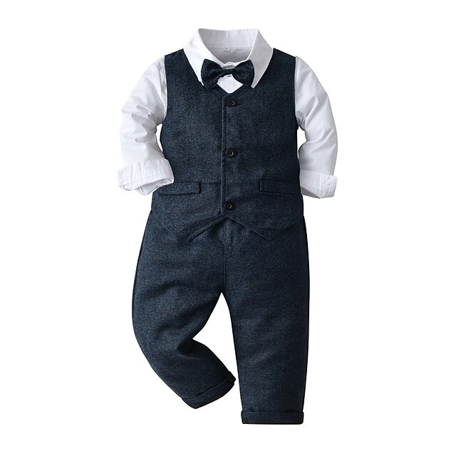  Kids Toddler Boys' Suit & Blazer Formal Set Clothing Set Long Sleeve 4 Pieces Blue White Print Birthday Formal Cotton Basic / Fall / Winter / Spring