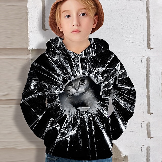  Kids Boys' Hoodie Long Sleeve Black 3D Print Cat Animal Active 4-12 Years / Fall
