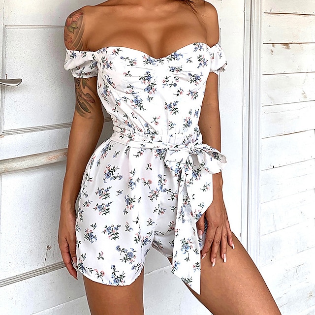  Women's Jumpsuit Flower Elastic Waistband Print Active Holiday Date Short Sleeve Regular Fit White S M L Spring