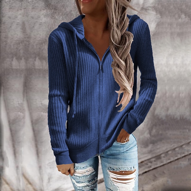  Mujer Cárdigan Estilo clásico Color sólido Básico Casual Algodón Manga Larga Cárdigans suéter Con Capucha Otoño Invierno Marrón gris azul Azul Piscina