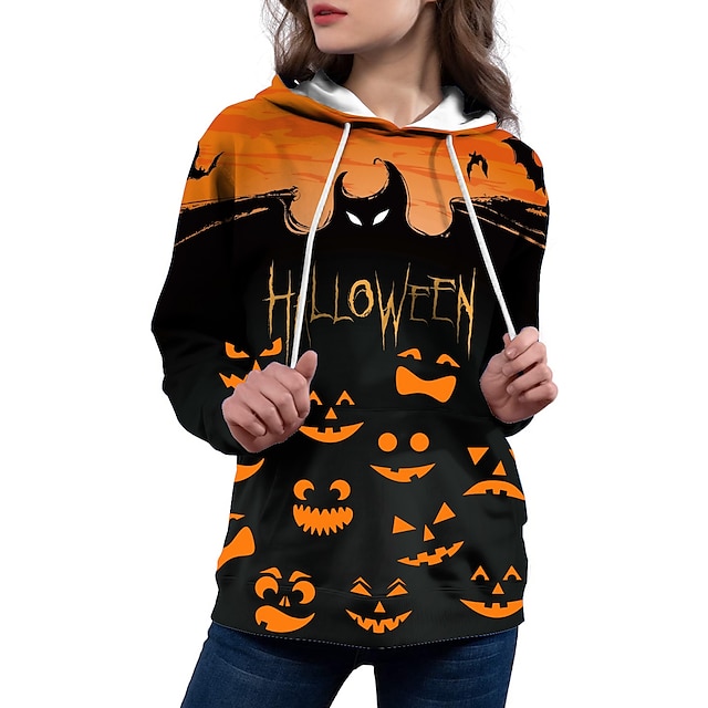  Dame Halloween Hattetrøje Pullover-hættetrøje Trykt mønster 3D-udskrivning Afslappet Daglig Gade Halloween Hættetrøjer Sweatshirts Sort