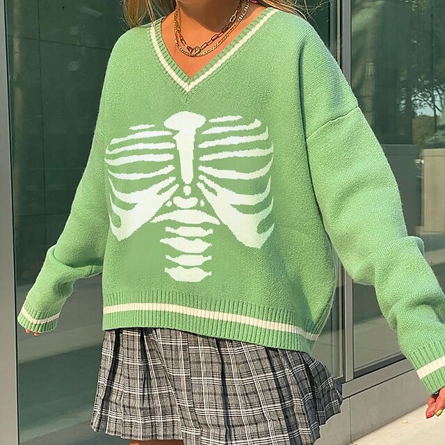  Women's Sweater Pullover Skeleton Modern Style Active Casual St. Patrick's Day Long Sleeve Sweater Cardigans Fall Winter Round Neck Orchid Green Purple / Holiday