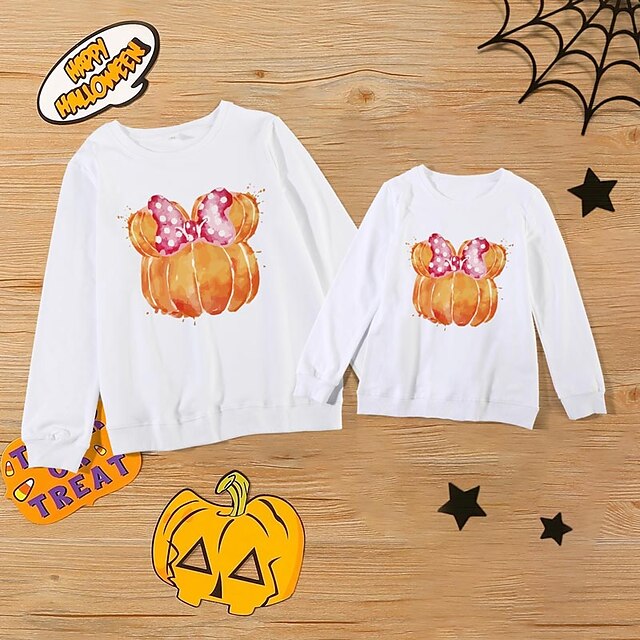  Mommy and Me Halloween Cotton Tops Sweatshirt Athleisure Cartoon Pumpkin Print White Black Red Long Sleeve Basic Matching Outfits / Fall / Spring / Cute